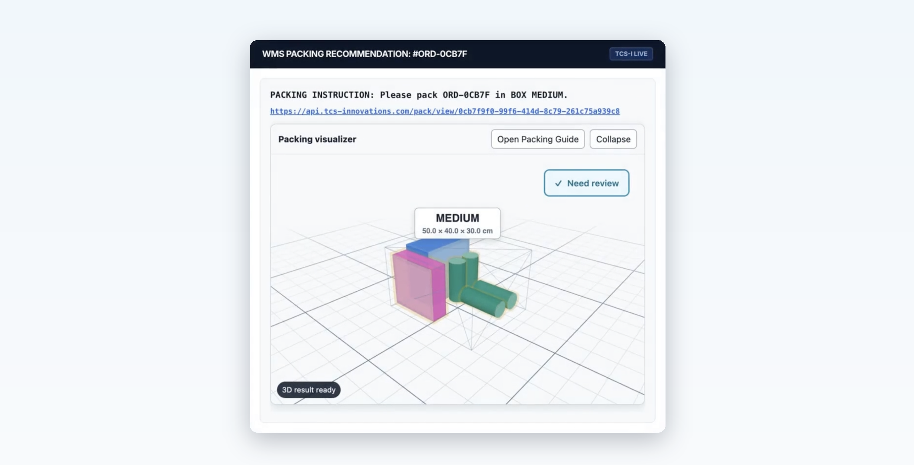 TCS-i Packing Station 3D Visual Instruction Screen