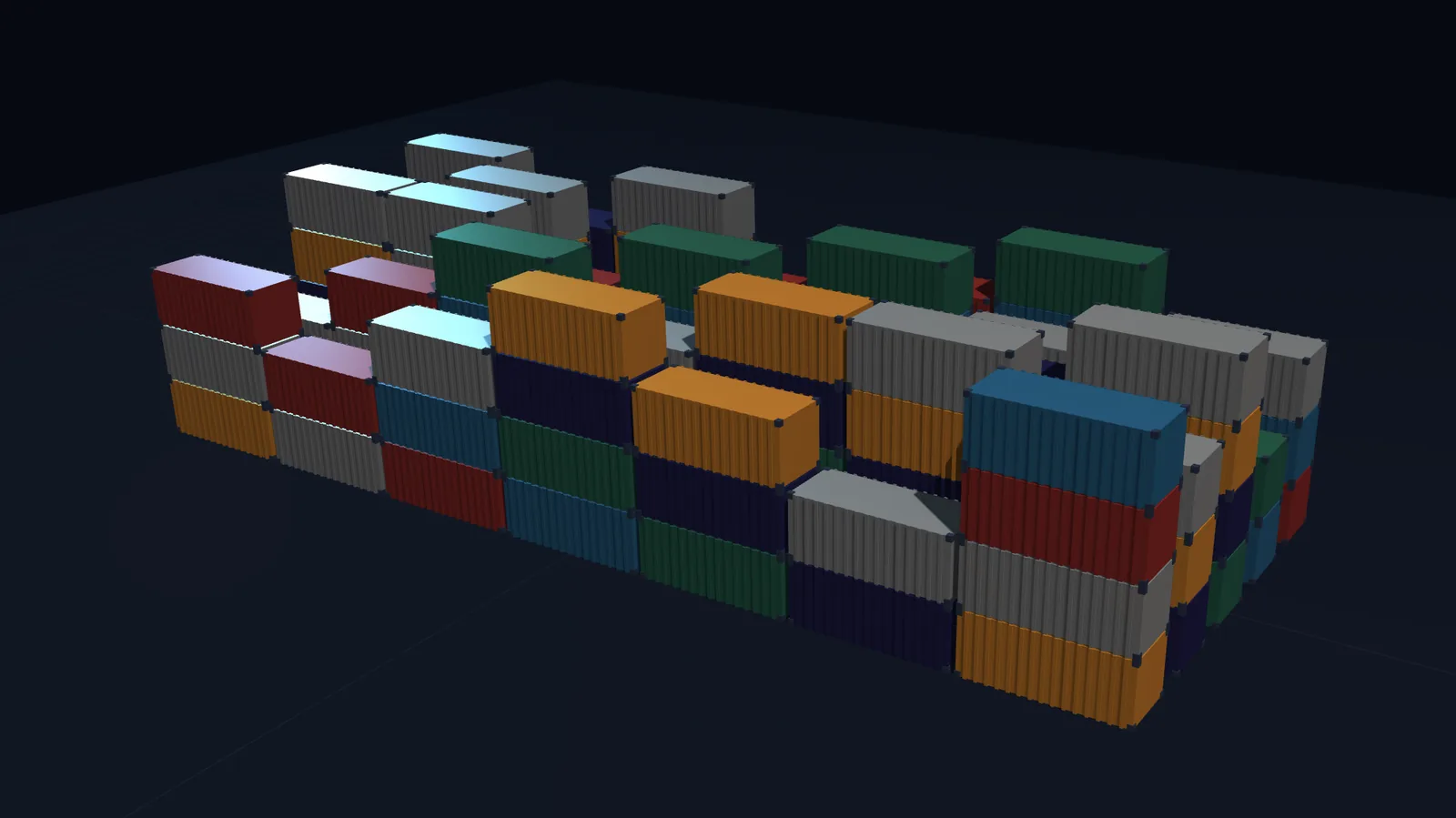 3D visualization of a highly dense container yard block demonstrating spatial geometry constraints